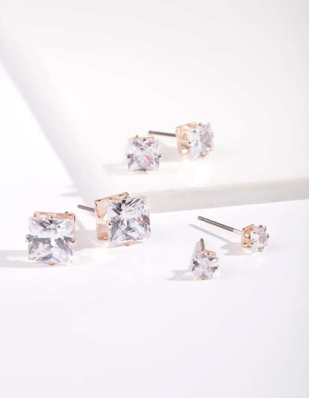 Rose Gold Graduated Princess Cut Diamante Stud Earring Pack sold by lovisa