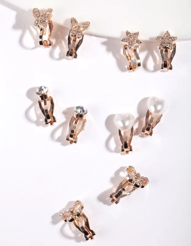Kids Rose Gold Diamante Star Butterfly Heart & Bow Clip On Earring 5-Pack sold by lovisa
