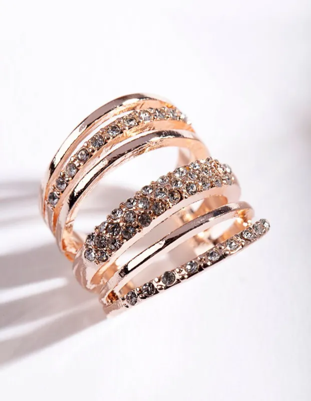 Rose Gold Six Layer Diamante Band Ring sold by lovisa