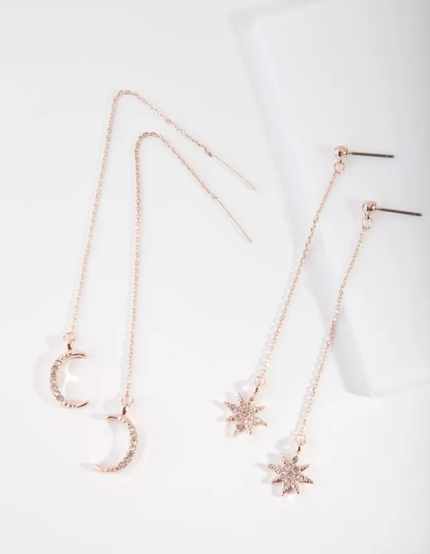 Rose Gold Stars & Moon Droop Earring Pack sold by lovisa