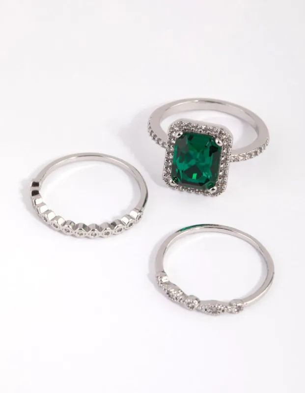 Rhodium Emerald Diamond Simulant Halo Ring Pack sold by lovisa