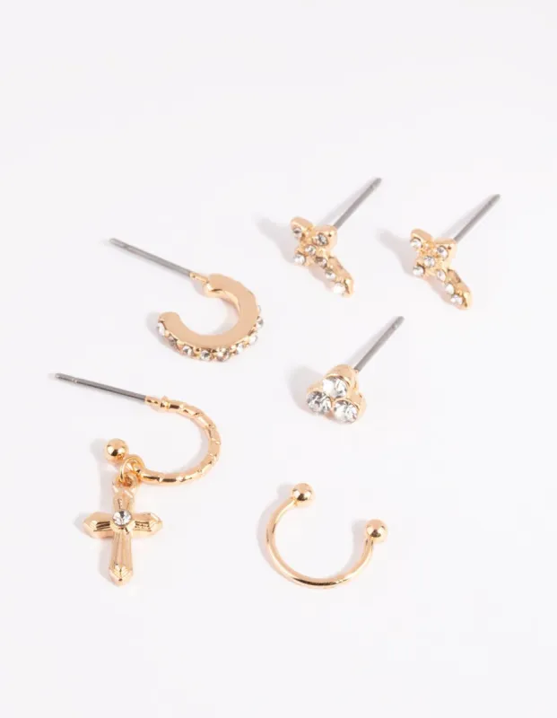 Gold Cross & Diamante Ear Cuff Stack 6-Pack sold by lovisa