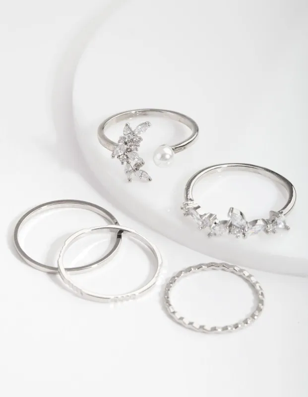 Cubic Zirconia Diamante Pearl Ring 5-Pack sold by lovisa