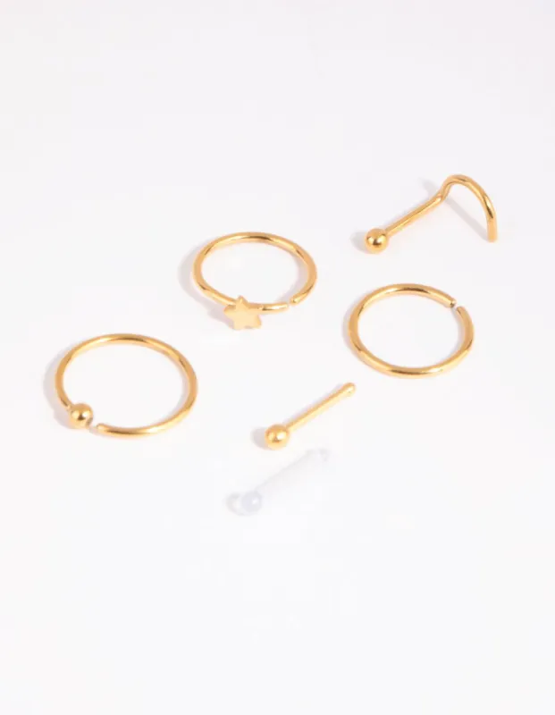 Gold Surgical Steel Mixed Star Nose Stud & Ring 6-Pack sold by lovisa