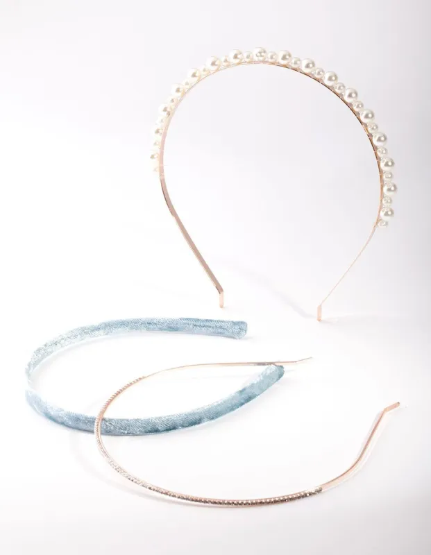 Rose Gold Pearl Blue Velvet Headband Pack sold by lovisa