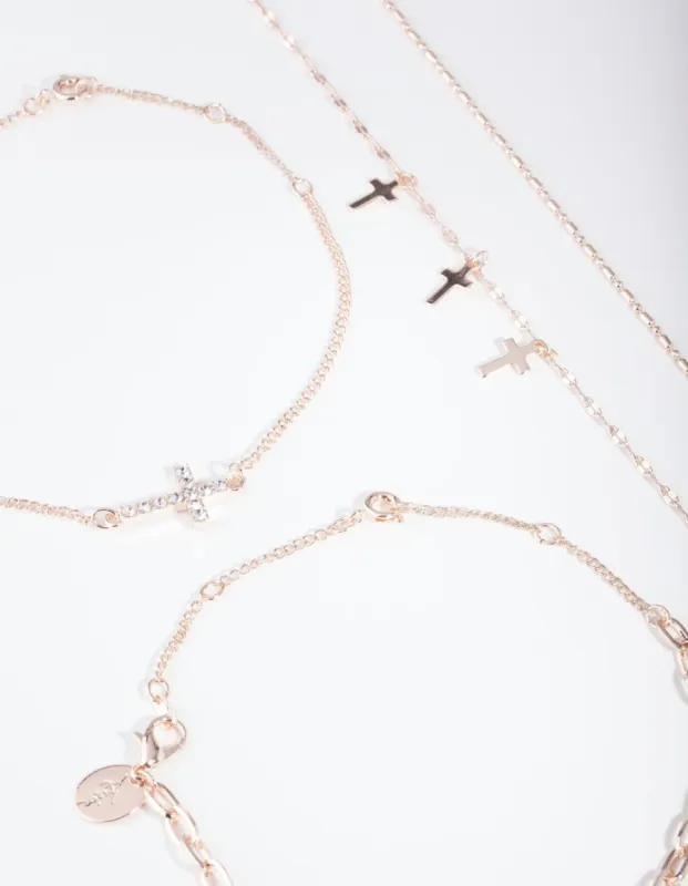Rose Gold Chain & Cross Bracelet & Anklet 4-Pack Set sold by lovisa