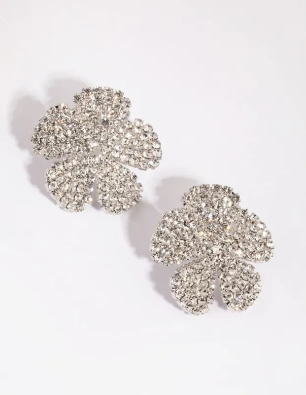 Rhodium Diamante Flower Stud Earrings sold by lovisa