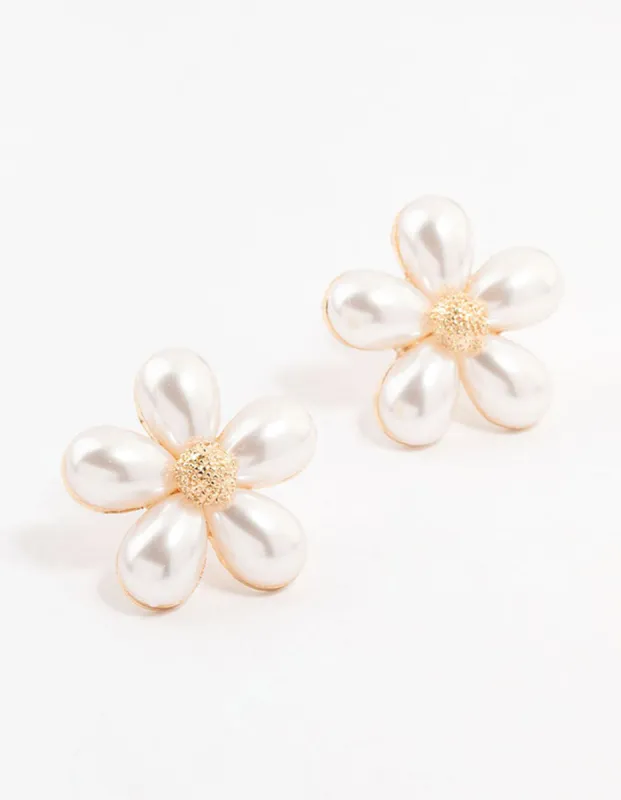 Large Gold Pearl Flower Stud Earrings sold by lovisa