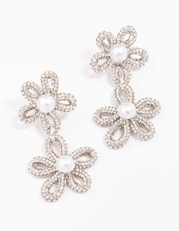 Silver Double Flower Pearl Drop Earrings sold by lovisa