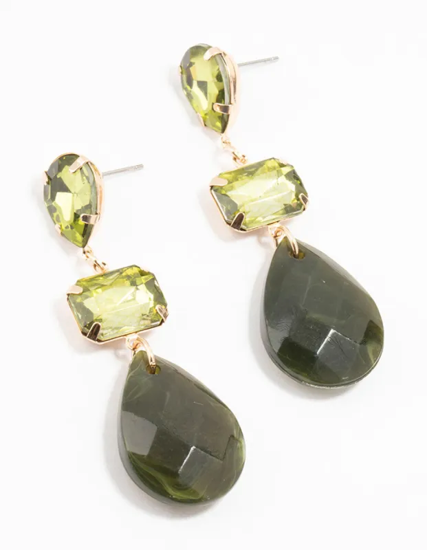 Gold Rectangular Green Diamante Drop Earrings sold by lovisa