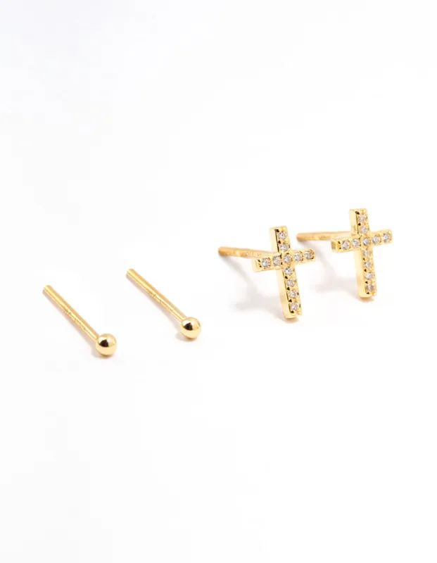 Gold Plated Sterling Silver Cubic Zirconia Cross Earrings 2-Pack sold by lovisa