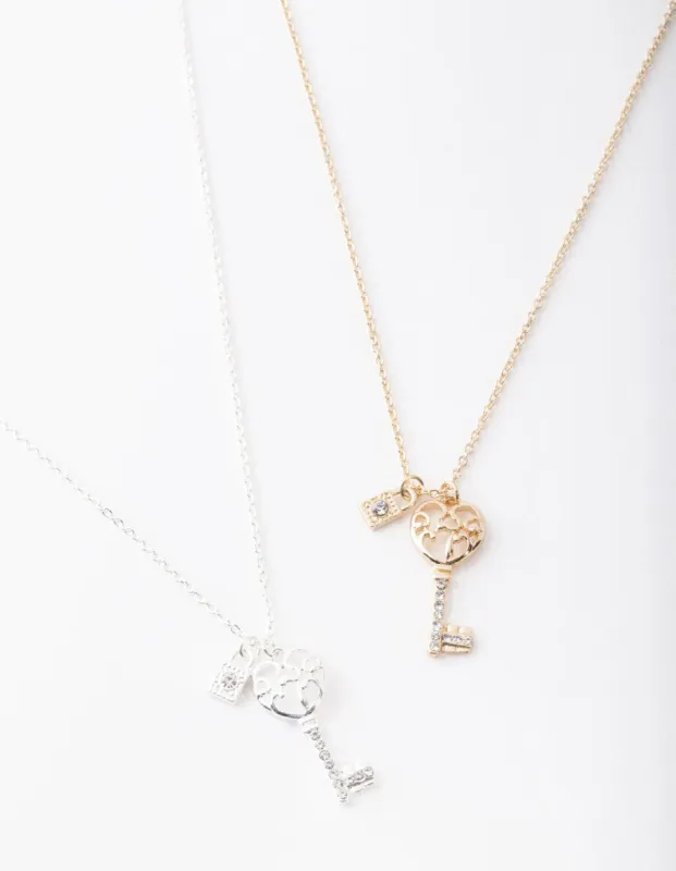 Mixed Metal Diamante Key Necklace Pack sold by lovisa