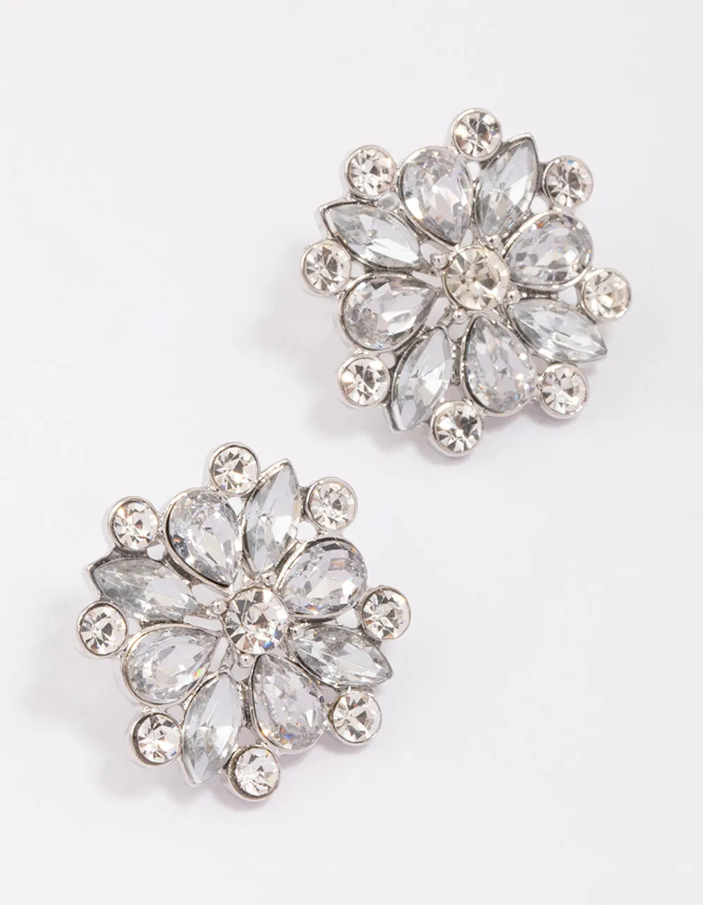 Silver Pear Round Diamante Flower Stud Earrings sold by lovisa