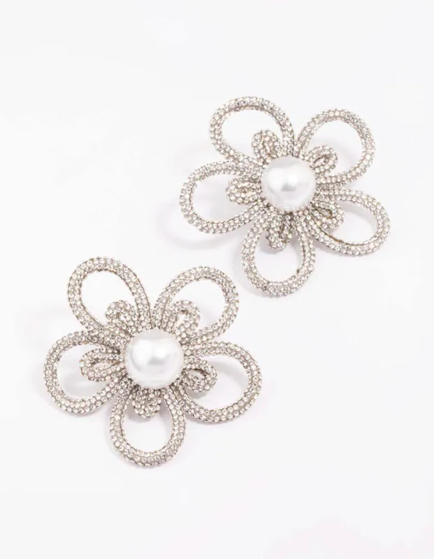 Silver Pearl Flower Statement Stud Earrings sold by lovisa