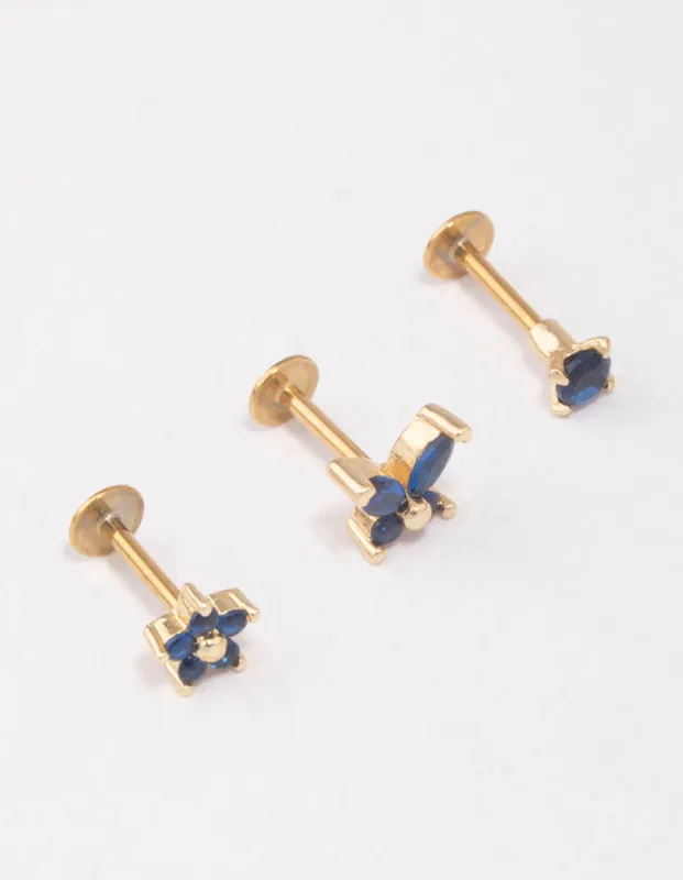 Gold Plated Surgical Steel Butterfly & Flower Flat Back 3-Pack sold by lovisa