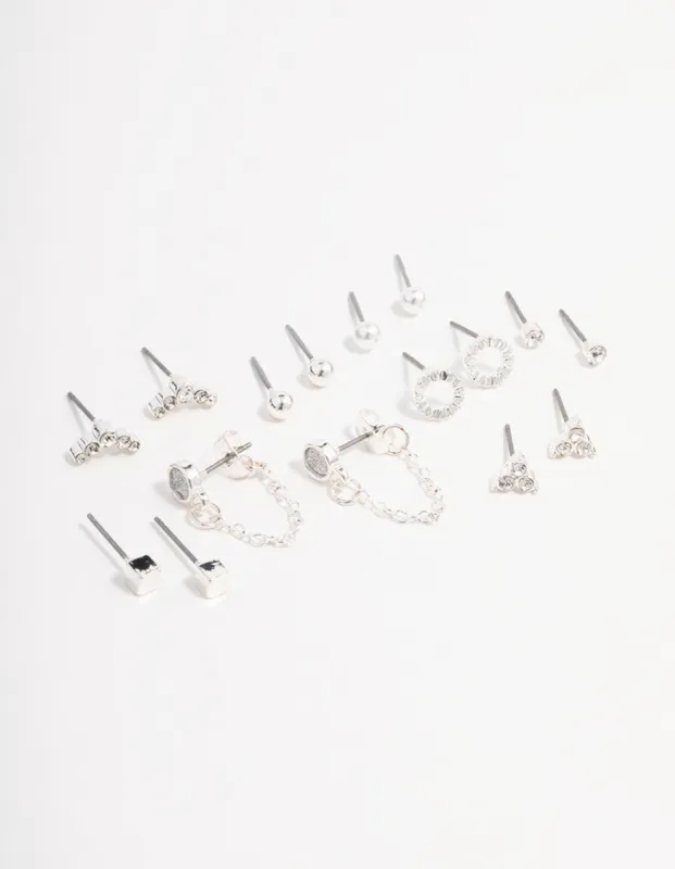 Silver Stud Chain Diamante Earring 8-Pack sold by lovisa