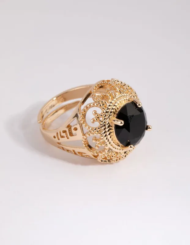 Gold & Black Circular Diamante Ring sold by lovisa