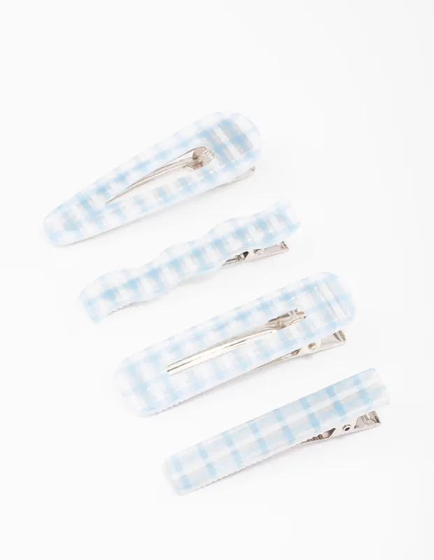 Blue Mixed Check Gingham Hair Clip 4-Pack sold by lovisa