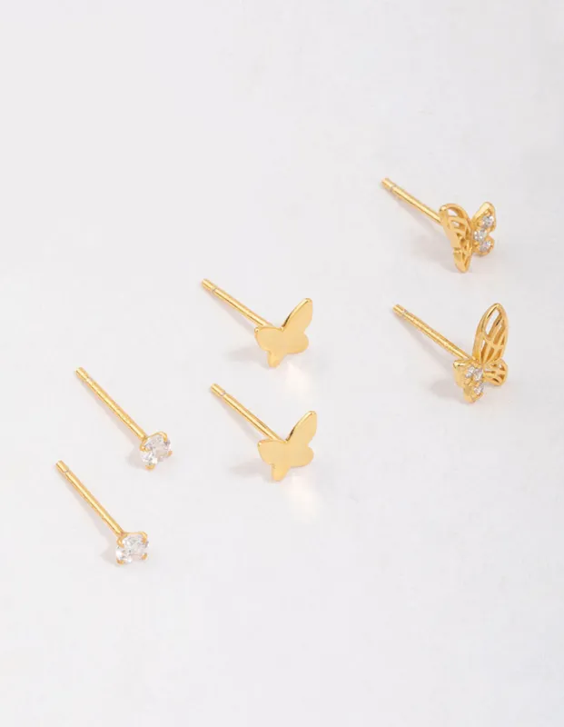 Gold Plated Sterling Silver Butterfly Stud Earring 3-Pack sold by lovisa