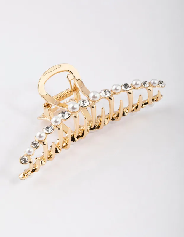Gold Curve Pearl & Diamante Claw Clip sold by lovisa