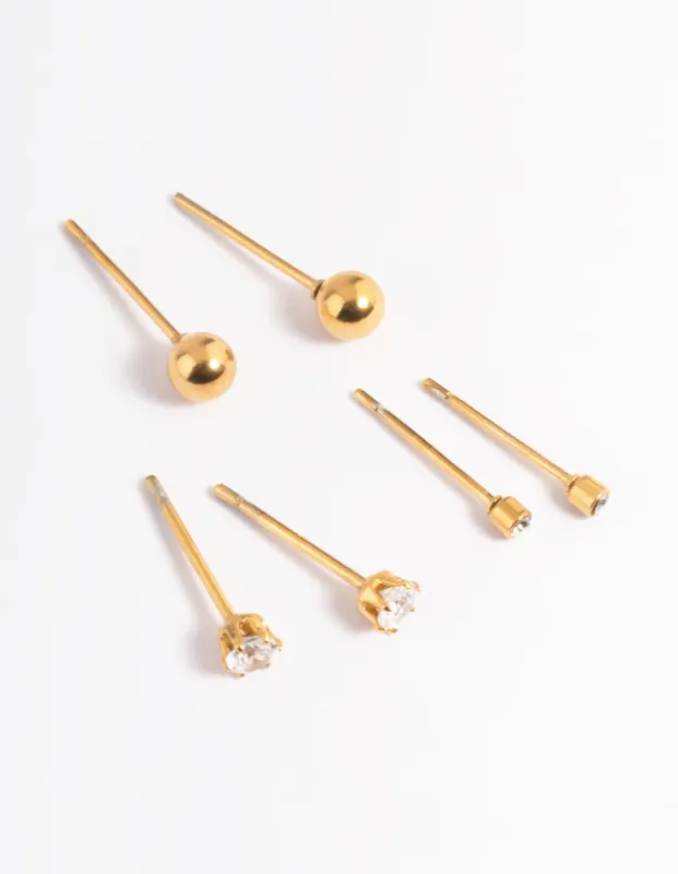 Waterproof Gold Plated Stainless Steel Cubic Zirconia Plain Stud Earrings Pack sold by lovisa