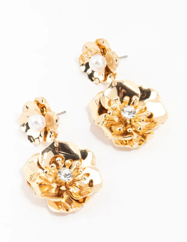 Gold Diamante Double Flower Drop Earrings sold by lovisa