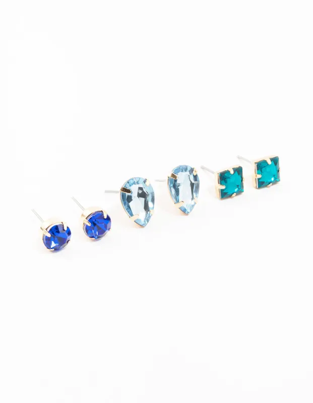Blue Square, Pear & Circle Gold Stud Earrings 3-Pack sold by lovisa