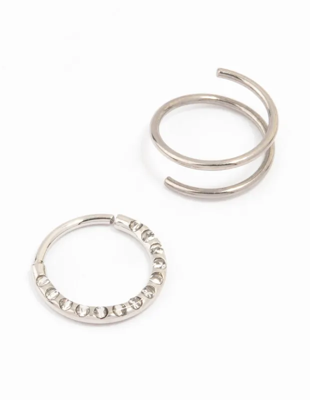 Surgical Steel Cubic Zirconia And Spiral Nose Ring 2-Pack sold by lovisa