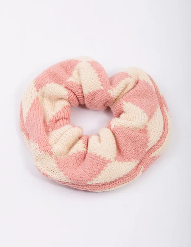 Pink & Cream Checkered Knitted Hair Scrunchie sold by lovisa