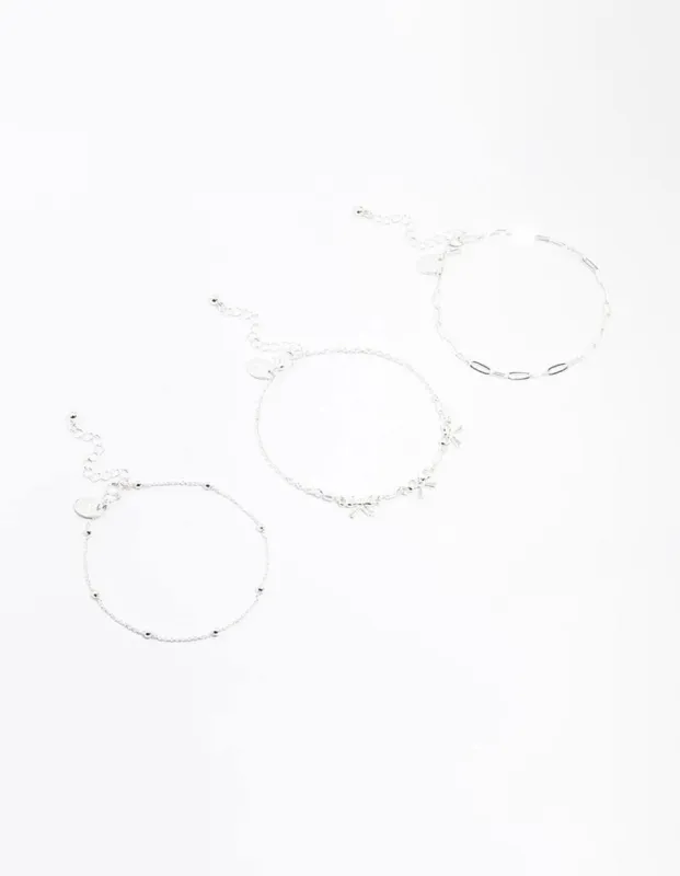 Silver Bow & Chain Mixed Anklets 3-Pack sold by lovisa