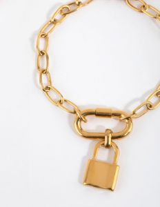 Gold Plated Surgical Steel Padlock Carabiner Bracelet sold by lovisa