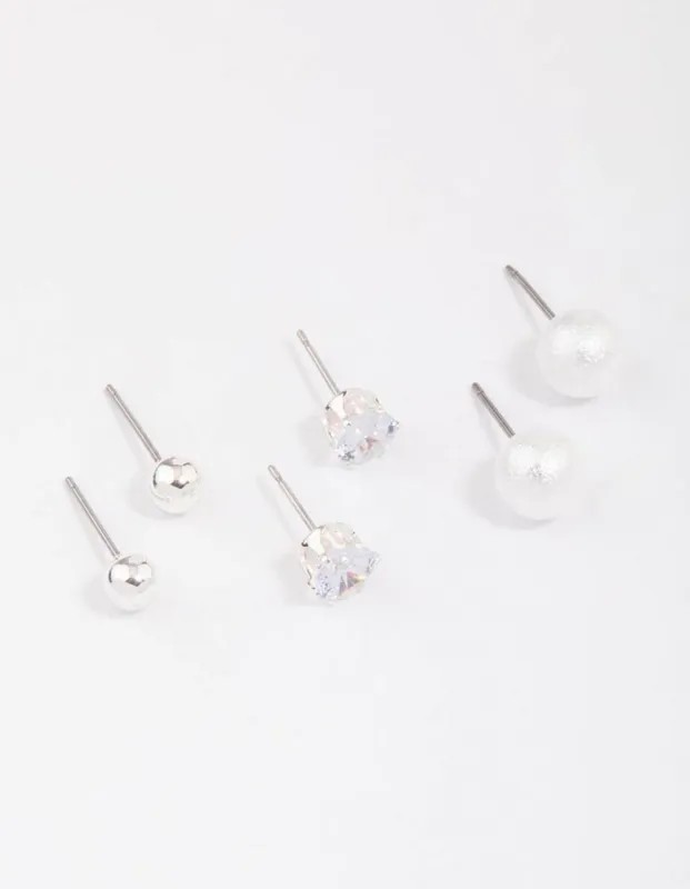 Silver Classic Pearl & Diamante Stud Earring 3-Pack sold by lovisa