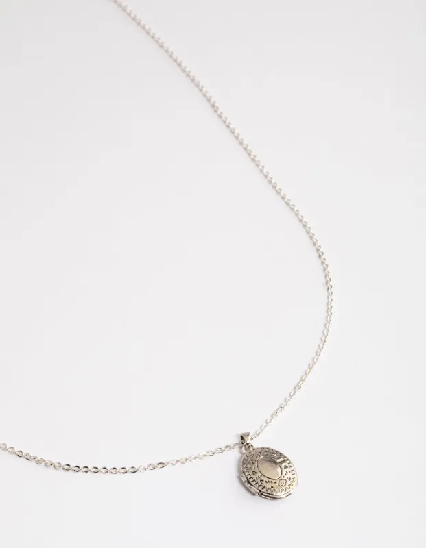 Antique Silver Etched Locket Pendant Necklace sold by lovisa