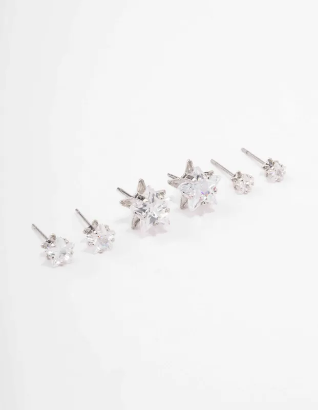 Rhodium Cubic Zirconia Star Stud Earring 3-Pack sold by lovisa