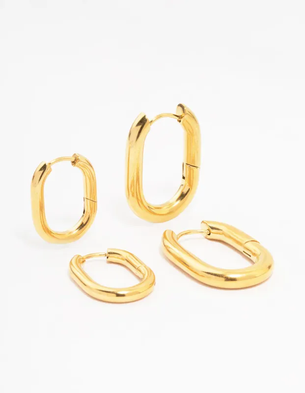 Waterproof Gold Plated Stainless Steel Square Oval Hoop Earrings 2-Pack sold by lovisa