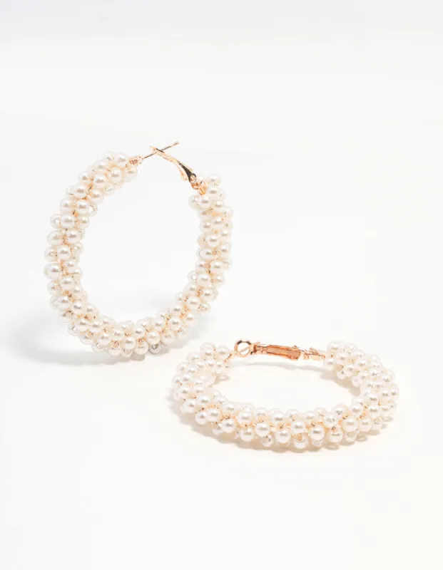 Rose Gold Pearl Medium Hoop Earrings sold by lovisa