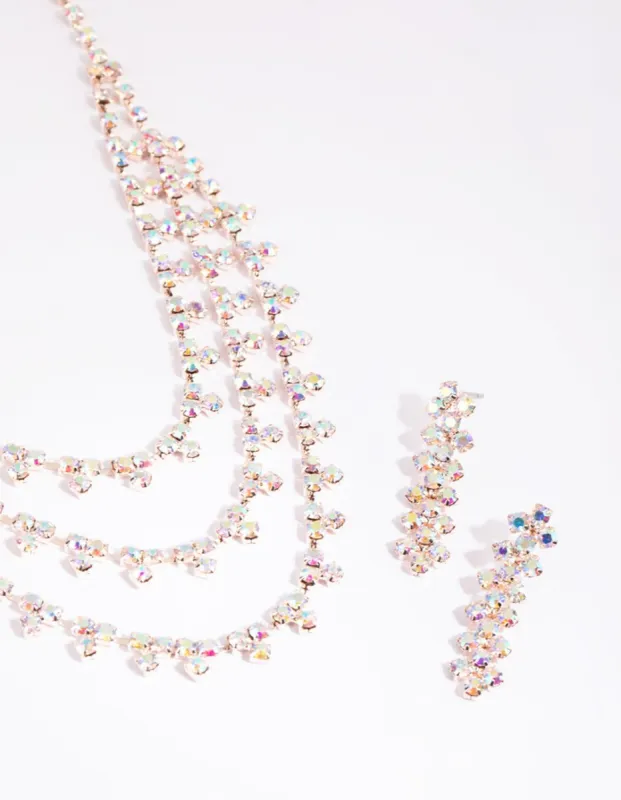 Rose Gold Diamante Trio Necklace & Earrings Set sold by lovisa