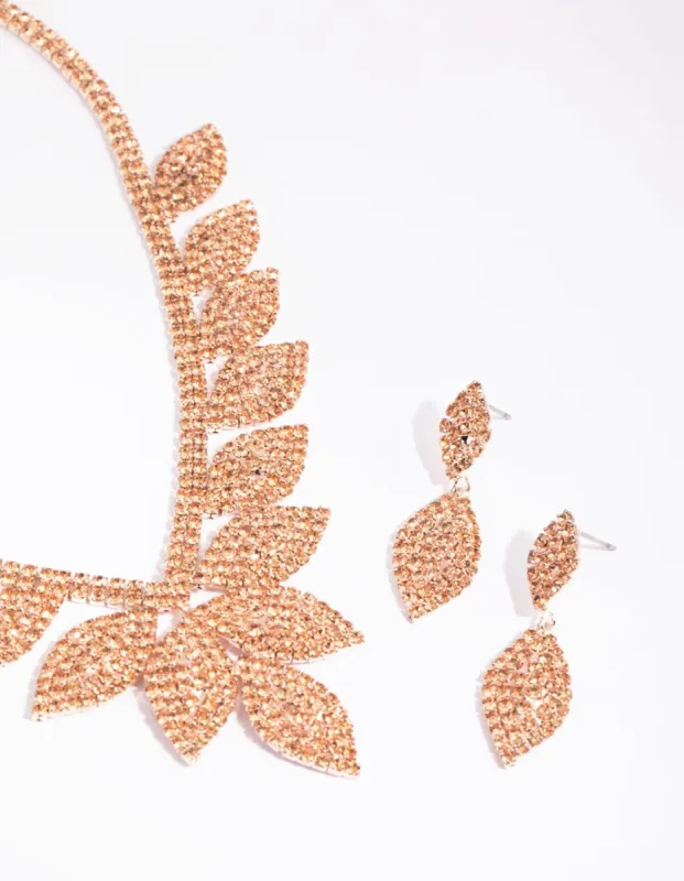 Rose Gold Diamante Leaf Necklace & Earrings Set sold by lovisa