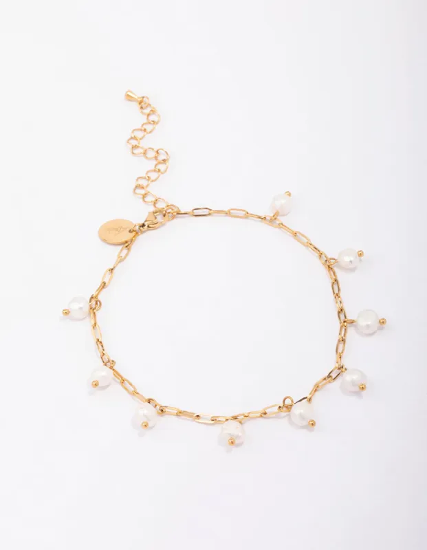 Gold Plated Stainless Steel Station Freshwater Pearl Drop Anklet sold by lovisa