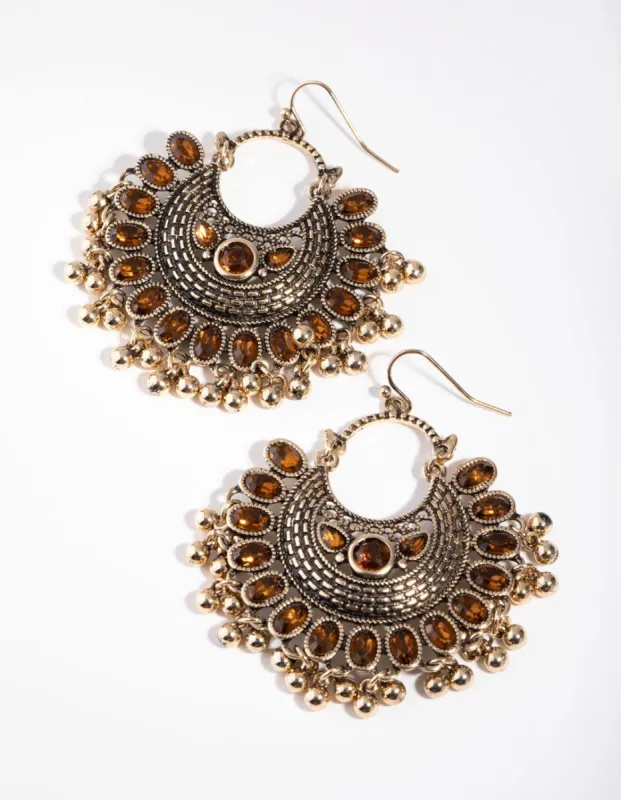 Burnished Gold Statement Diamante Fan Drop Earrings sold by lovisa