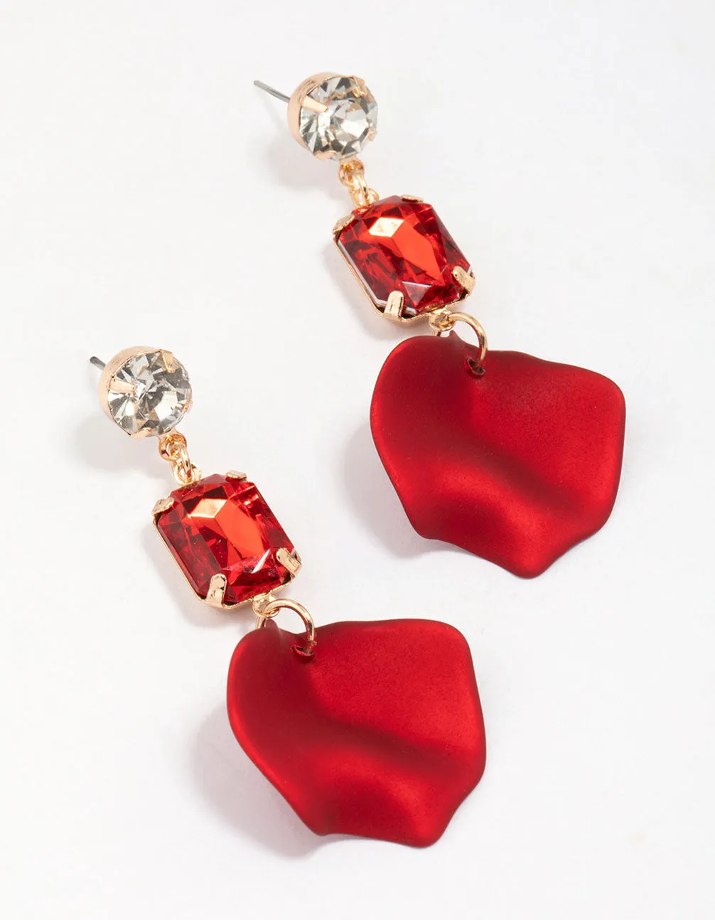 Gold Rectangular Diamante Red Petal Drop Earrings sold by lovisa