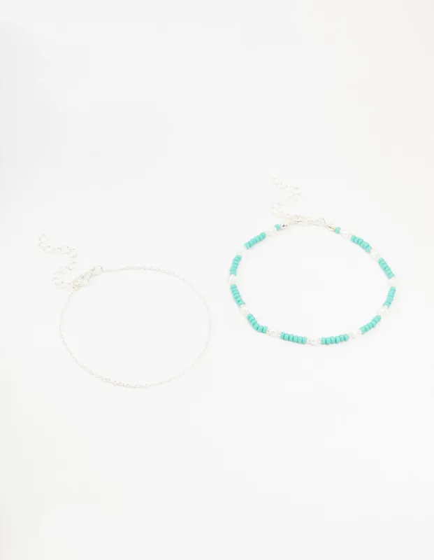 Silver Pearl Beaded Anklets 2-Pack sold by lovisa
