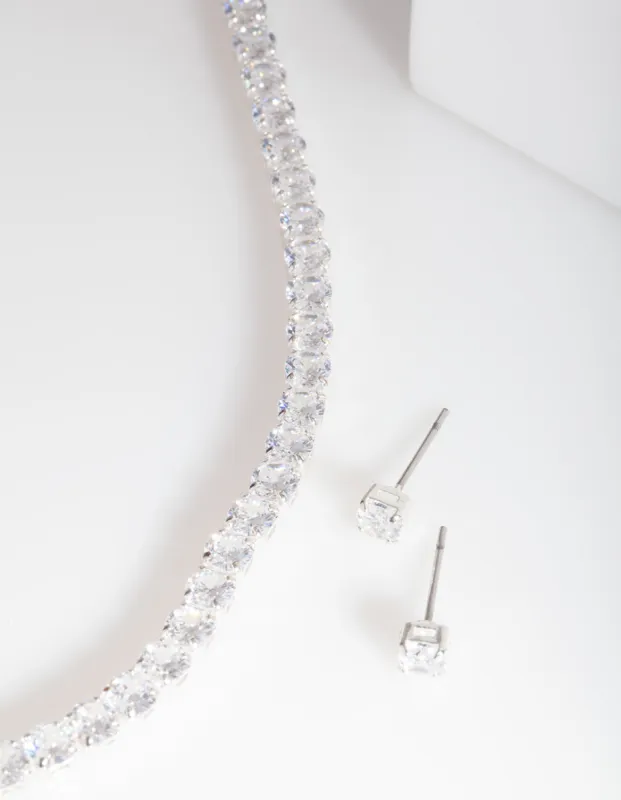 Silver Cubic Zirconia Earrings & Tennis Necklace Set sold by lovisa