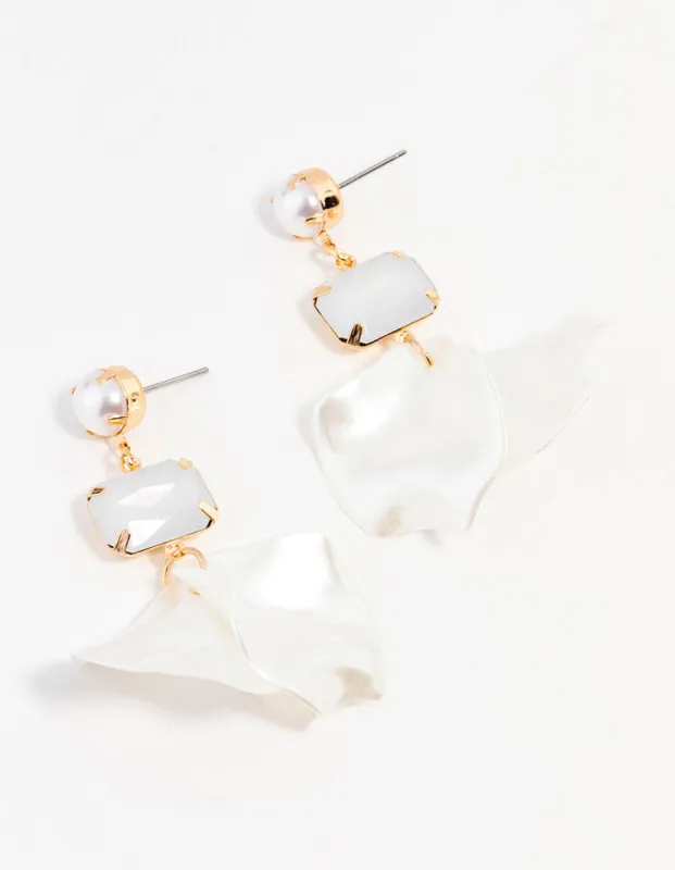 Gold  Diamante Pearl Petal Drop Earrings sold by lovisa