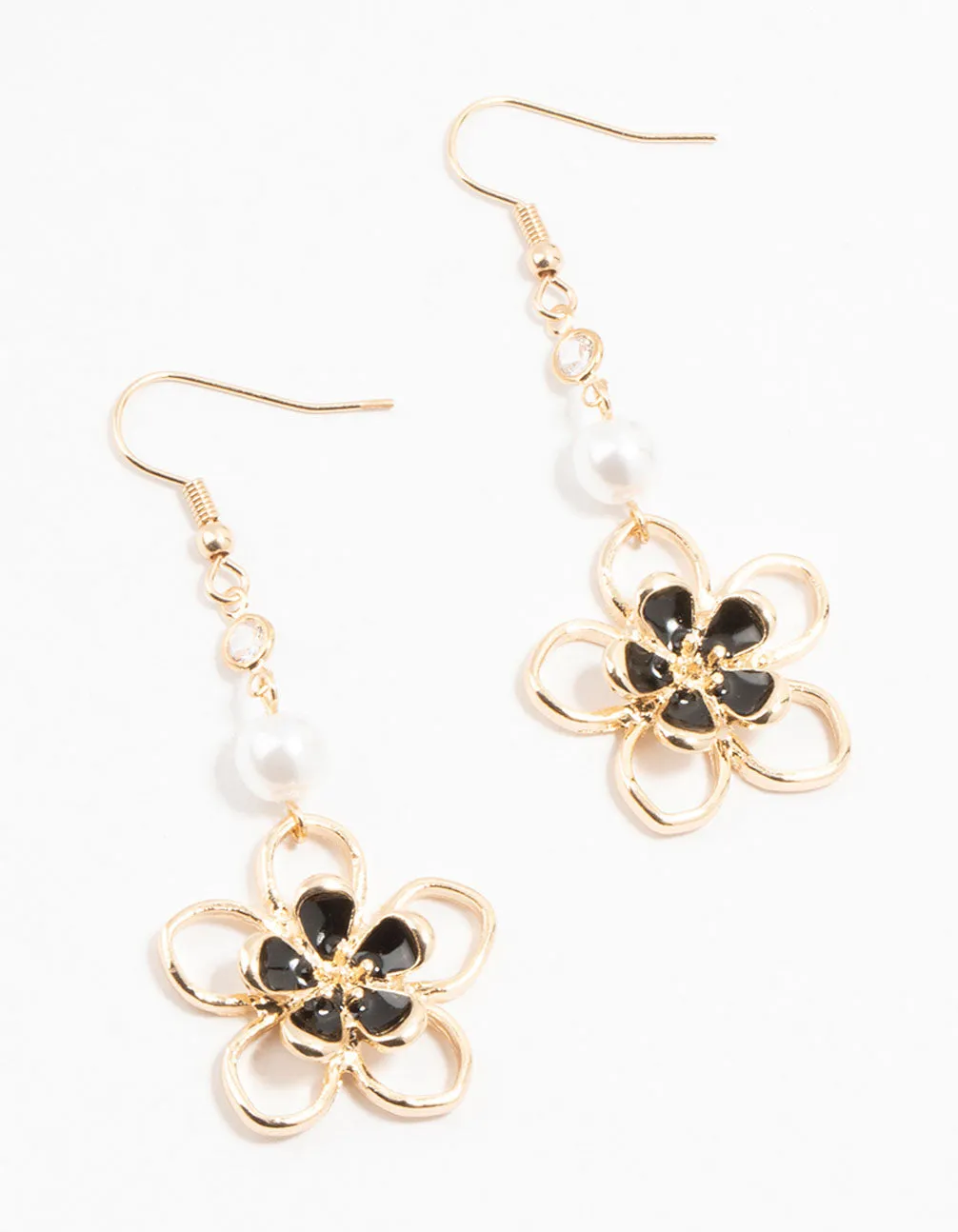Gold Cutout Black Flower Pearl Drop Earrings sold by lovisa
