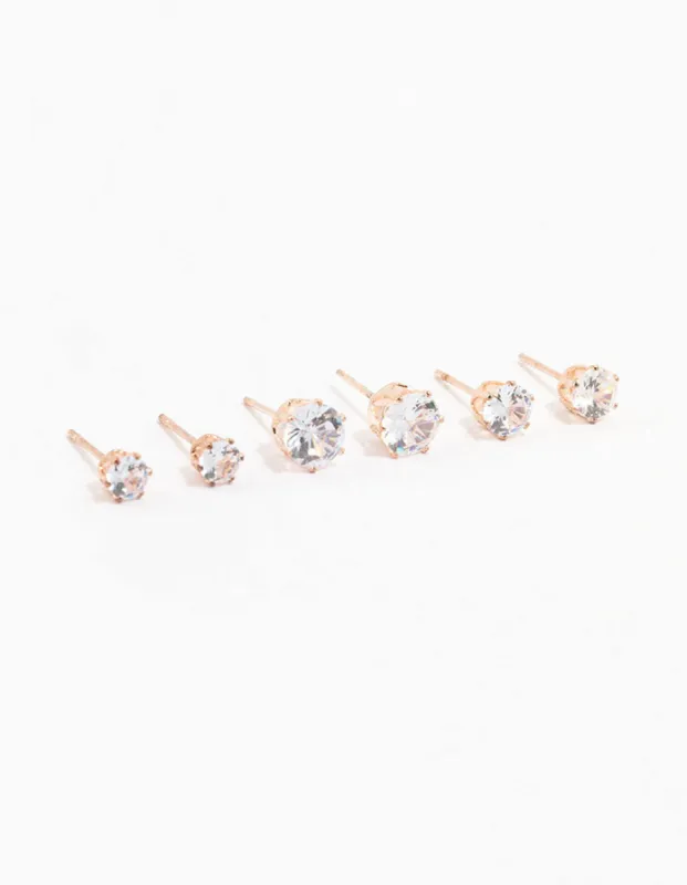 Rose Gold Graduating Diamante Stud Earrings 3-Pack sold by lovisa