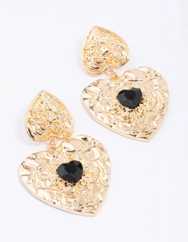 Gold Double Heart Stone Drop Earrings sold by lovisa
