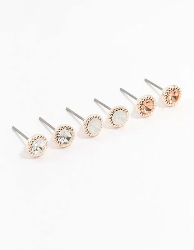 Rose Gold Encased Diamante Stud Earrings 3-Pack sold by lovisa