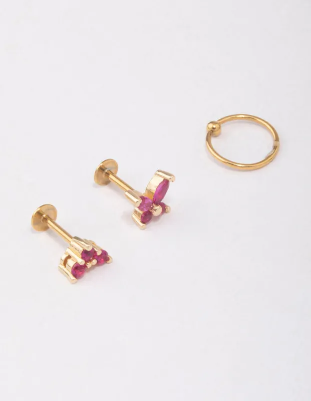 Gold Plated Surgical Steel Cubic Zirconia Butterfly Flat Back 3-Pack sold by lovisa