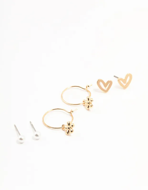 Gold Pearl Heart Flower Earrings 3-Pack sold by lovisa